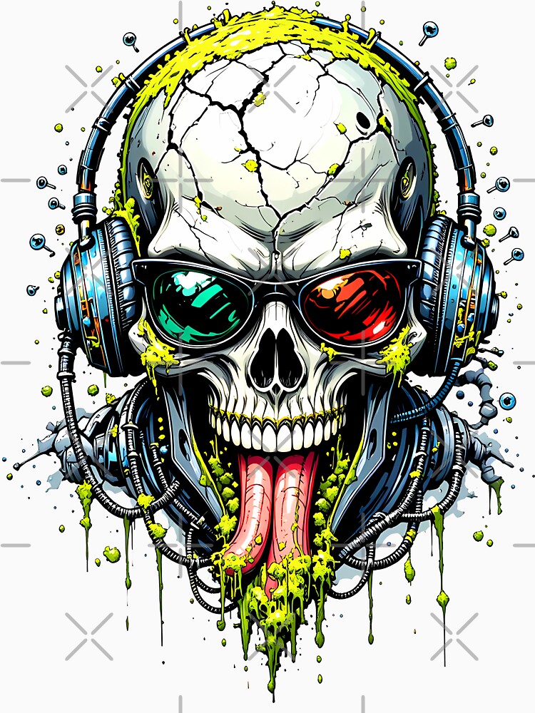 S29 Stereoscopic Cyber Skull T-Shirt - 3D Glasses Skull, Neon Slime Gamer, DJ Skull, Rave Tech Art, Acid Green Drip, Futuristic Streetwear by EC Multimedia Services