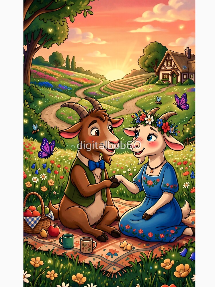 Cute Goat Couple Picnic at Sunset by digitalbob60