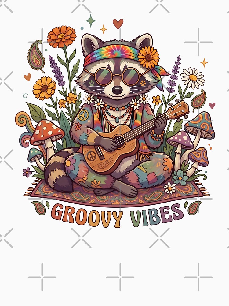 Groovy Vibes Hippie Raccoon Playing Guitar Retro by CurioStick