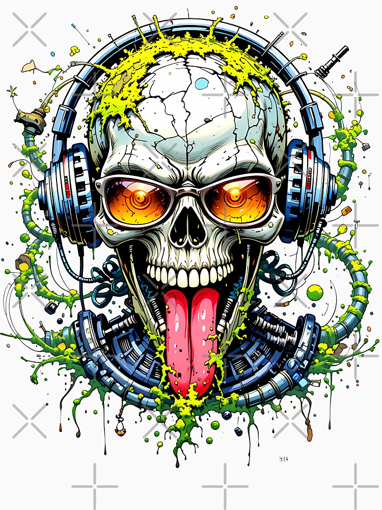 S30 Radioactive Rave Skull T-Shirt - Neon Green Drip Skull, DJ Skull, Gamer Skull, Acid Tech Art, Industrial Party Aesthetic, Edgy Underground by EC Multimedia Services