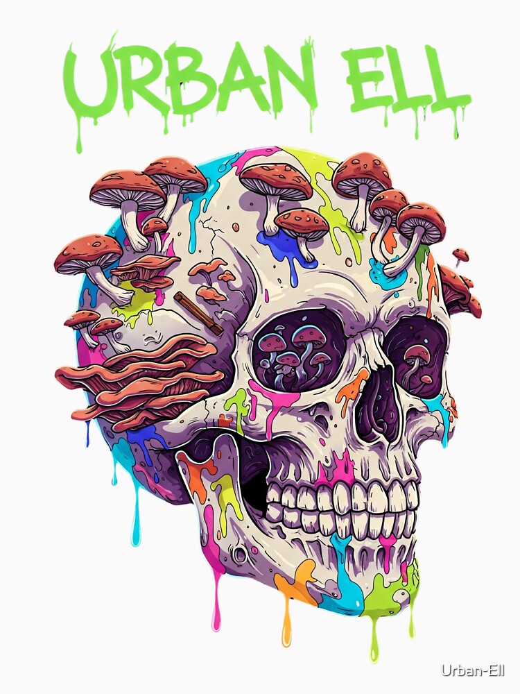 Urban Ell Psychedelic Skull T-Shirt – Trippy Mushroom Drip Art Design by Urban-Ell