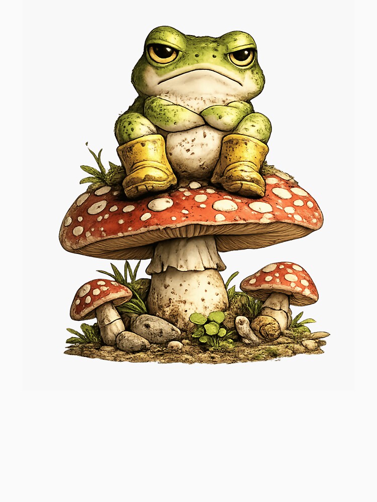 Grumpy Frog Sitting on Mushroom Funny Nature Illustration by RoPrincess