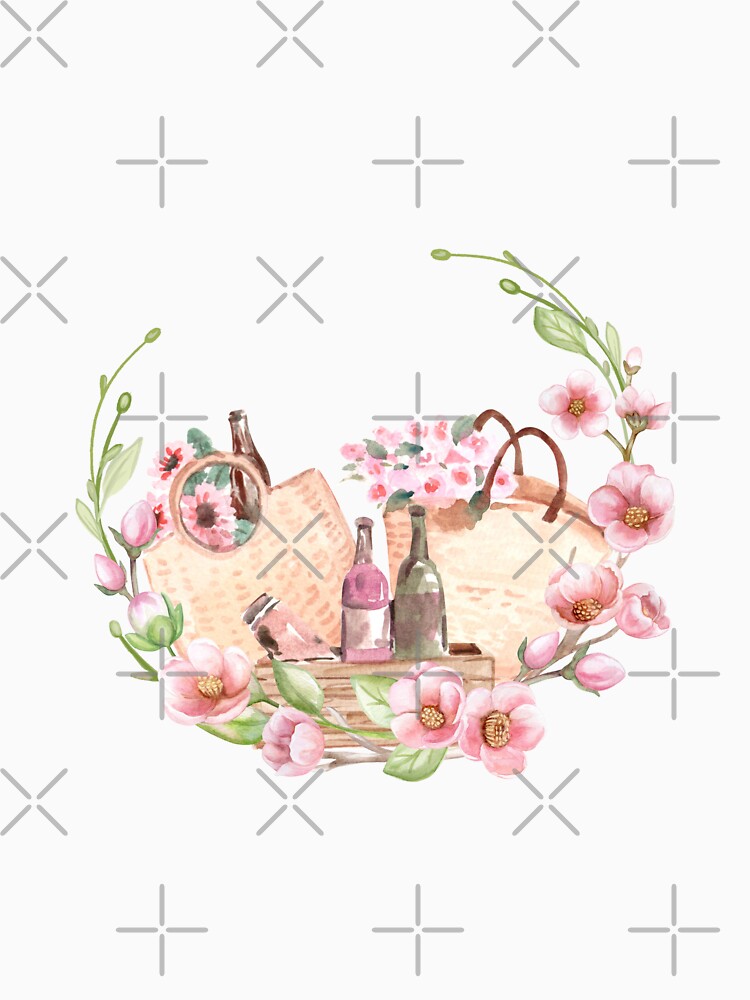 Cherry flowers blossom wreath with picnic composition : watercolor Spring illustration by HappyNoireArt