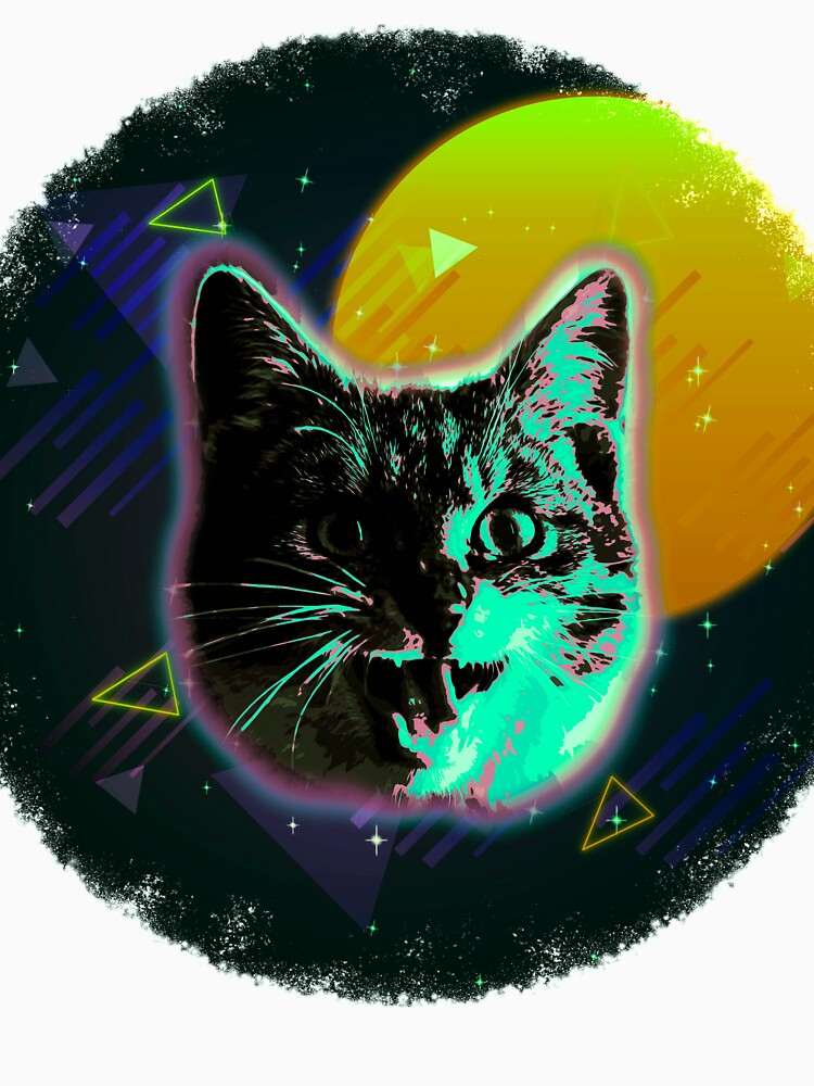 Cat Face Shirt Trippy Neon Rave 80s Disco Retro Kitten Tee by cgocgy