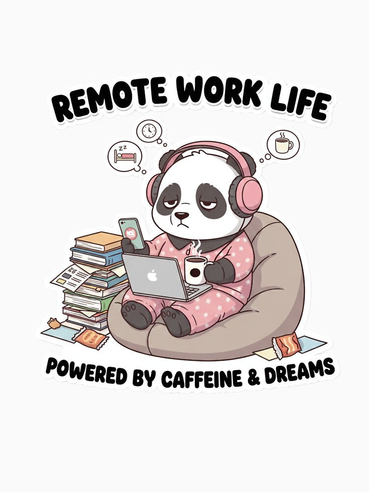 Remote Work Life Panda Sticker – Powered by Caffeine & Dreams Funny Work From Home Decal by snaperos