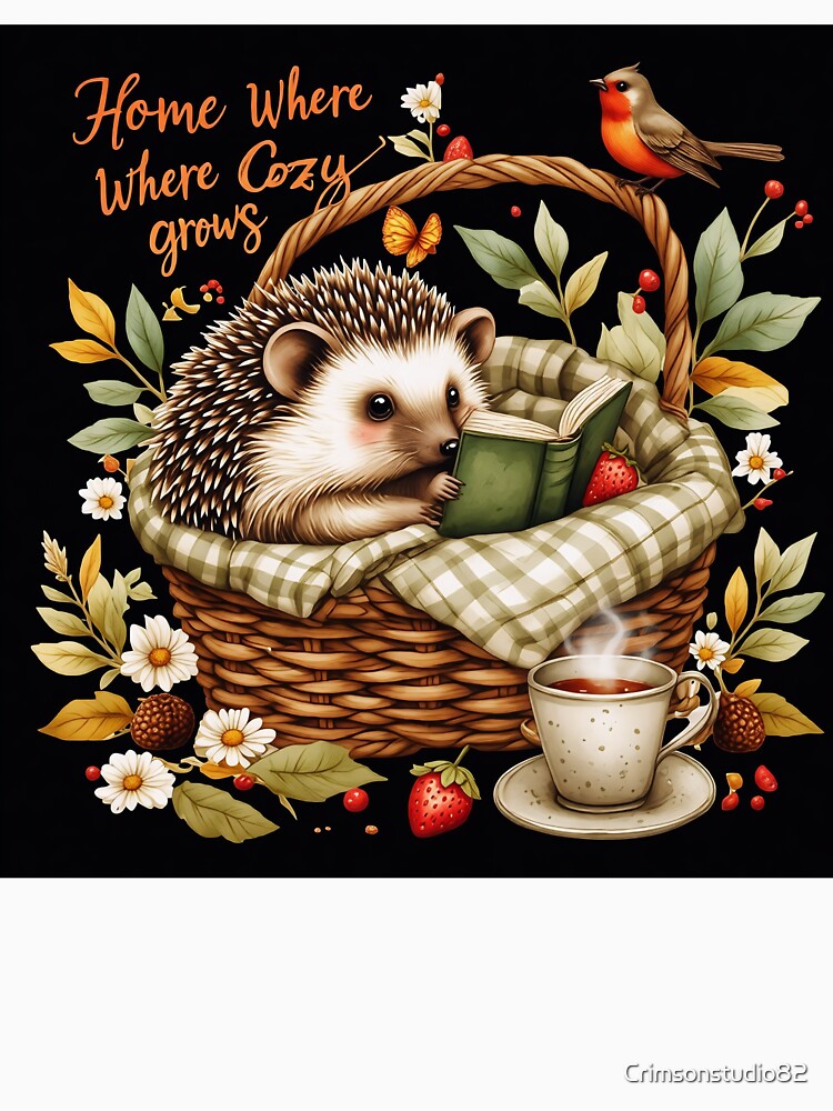 Cozy Hedgehog Reading in Picnic Basket | Woodland Animal Illustration by Crimsonstudio82