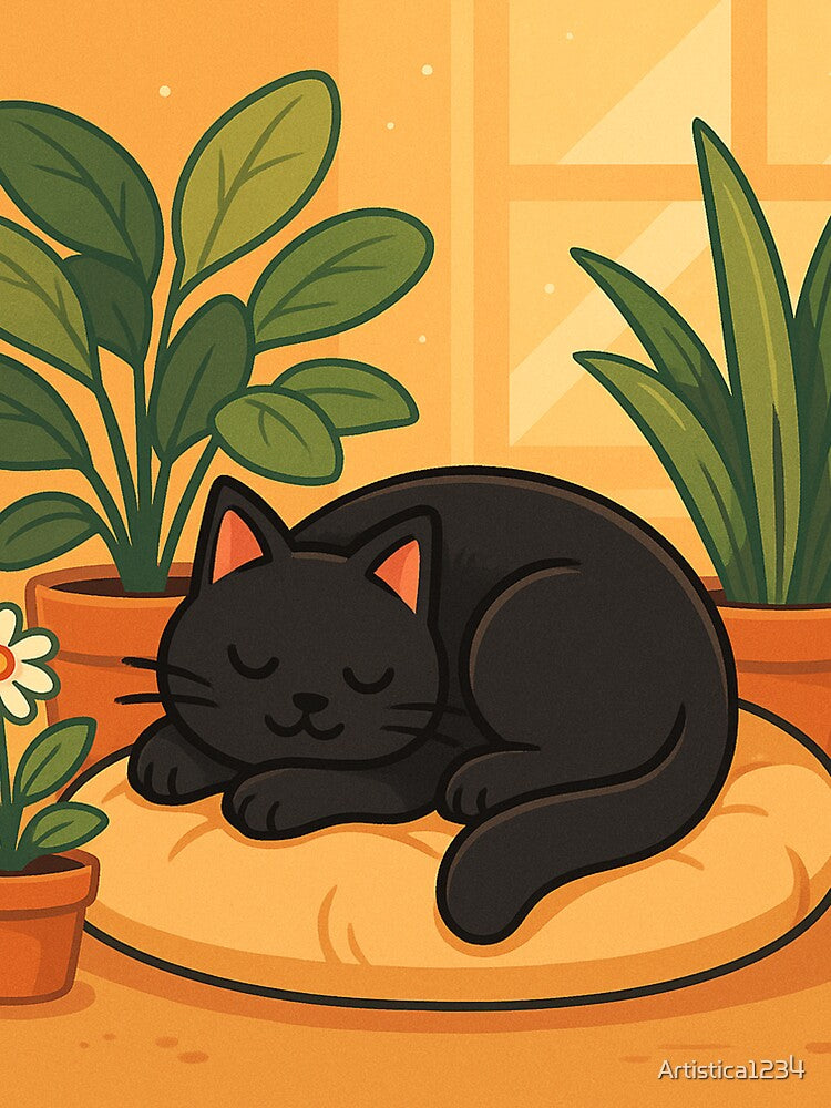 Black Cat Nap – Cozy Plant Room Illustration by Artistica1234