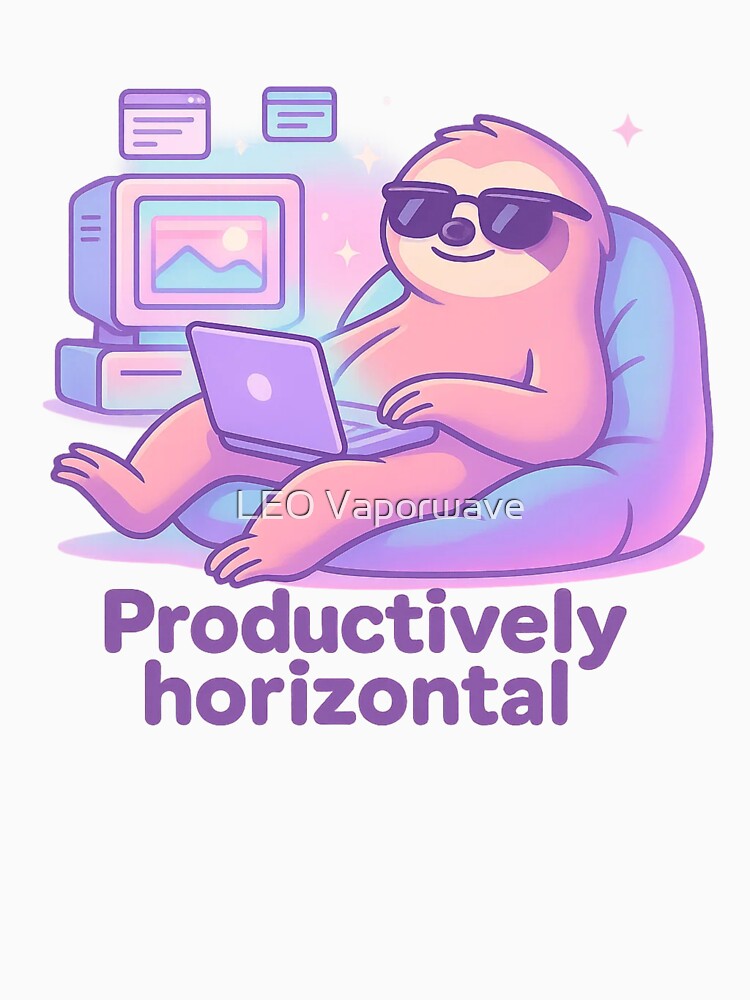 Productively Horizontal – Funny Sloth Remote Work Shirt, Vaporwave Cartoon Animal Design by LEO Vaporwave