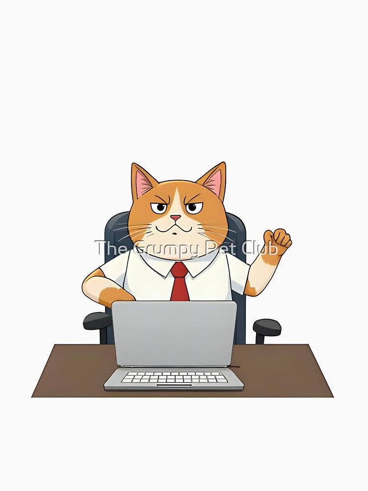 Funny Office Cat Working at Laptop - Minimalist Vector Design by The Grumpy Pet Club