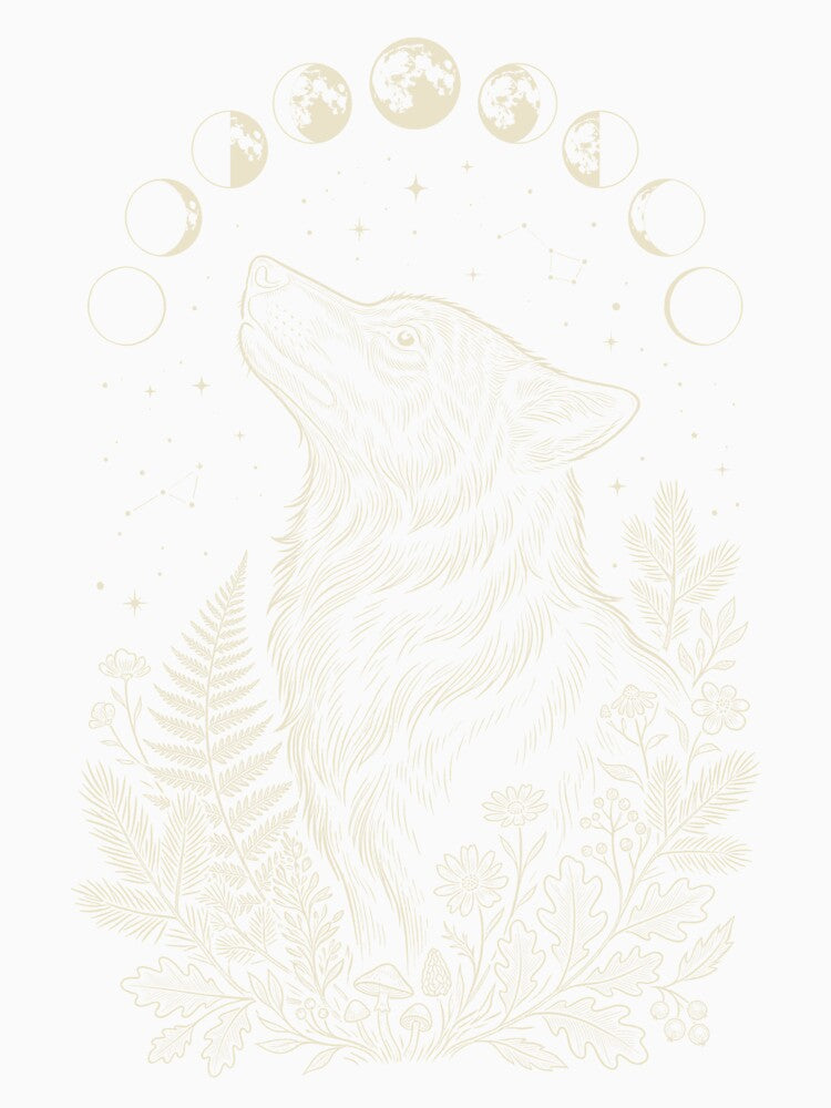Wolf Moon Phases Celestial Design – Mystical Night Sky Wolf with Forest Plants by Skyleton