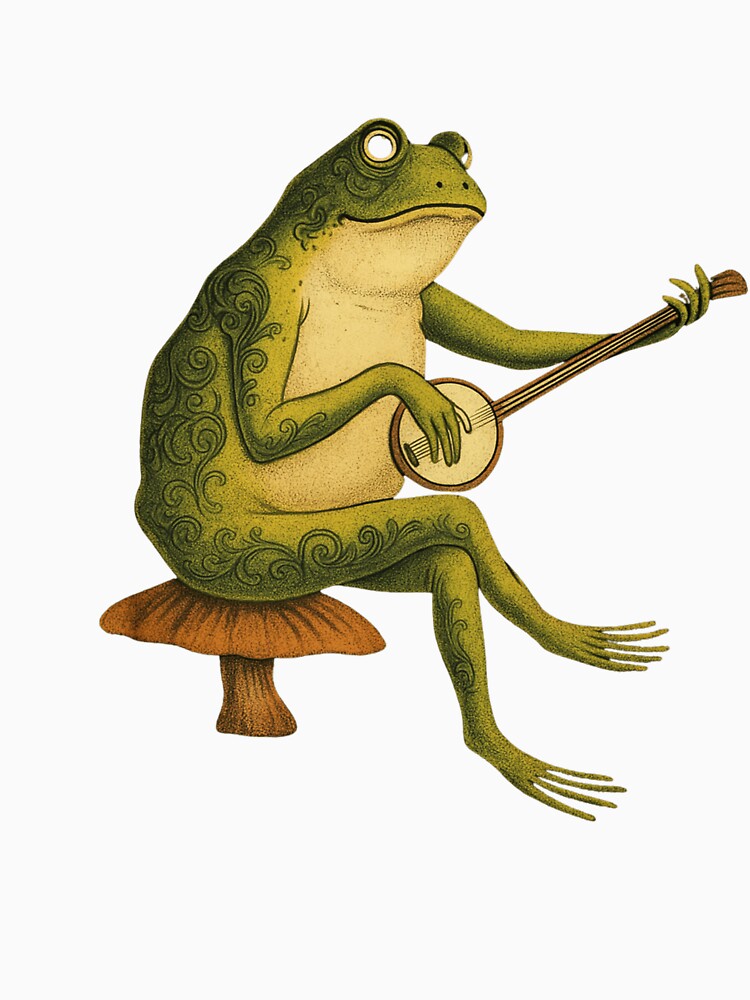 Banjo Frog Playing on a Mushroom – Whimsical Forest Amphibian Art by haitrieuic96