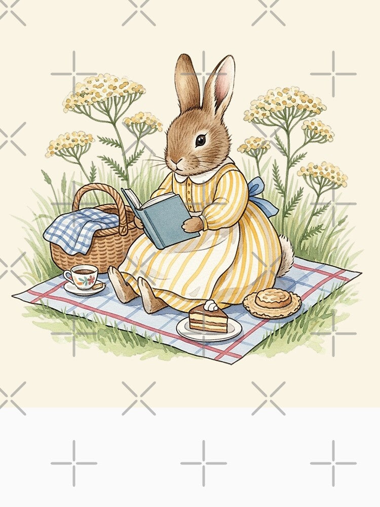 Whimsical Reading Bunny Picnic Watercolor Art by Pasteltone