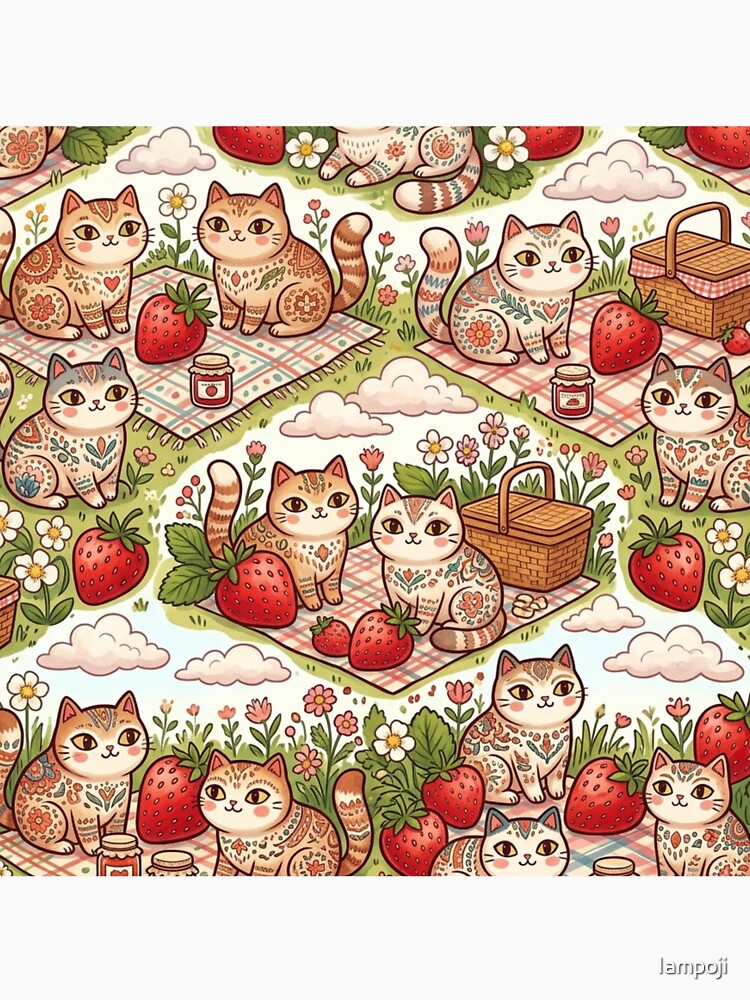Strawberry Picnic Cat Pattern | Cute Cottagecore Design by Iampoji