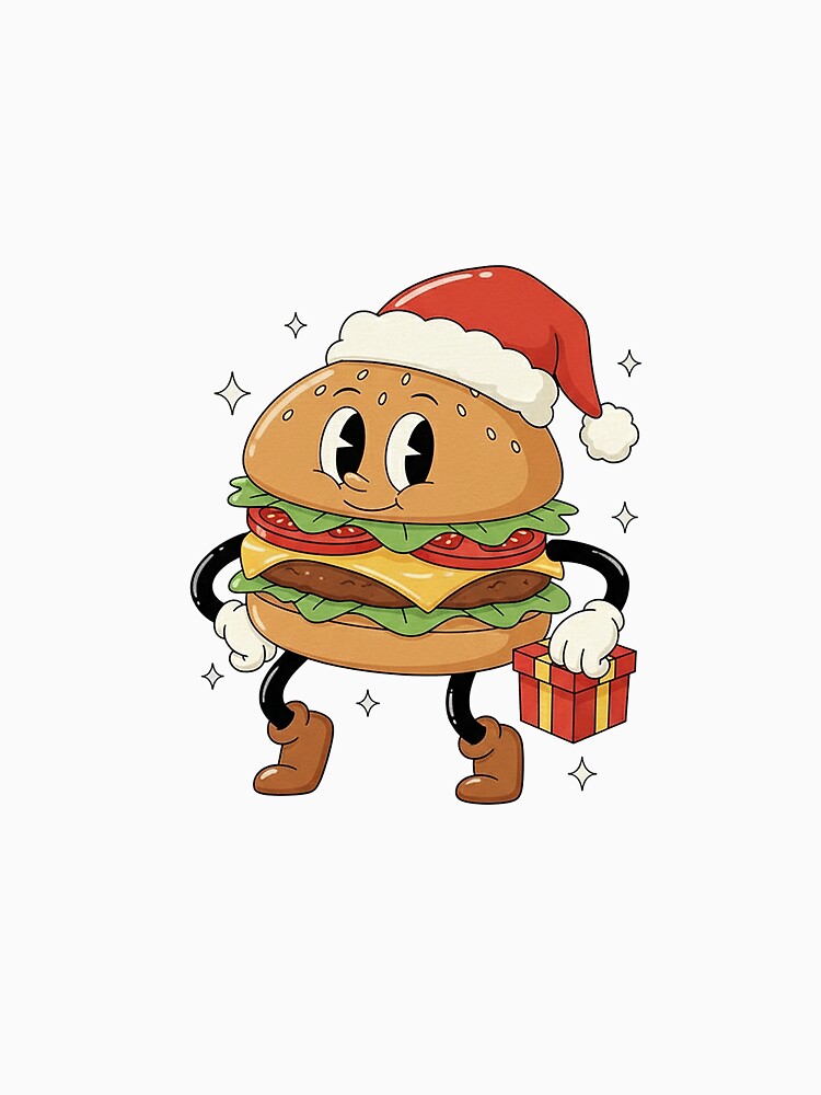 Cartoon Christmas Burger Santa Hat Retro Food Art by HoopeStylee