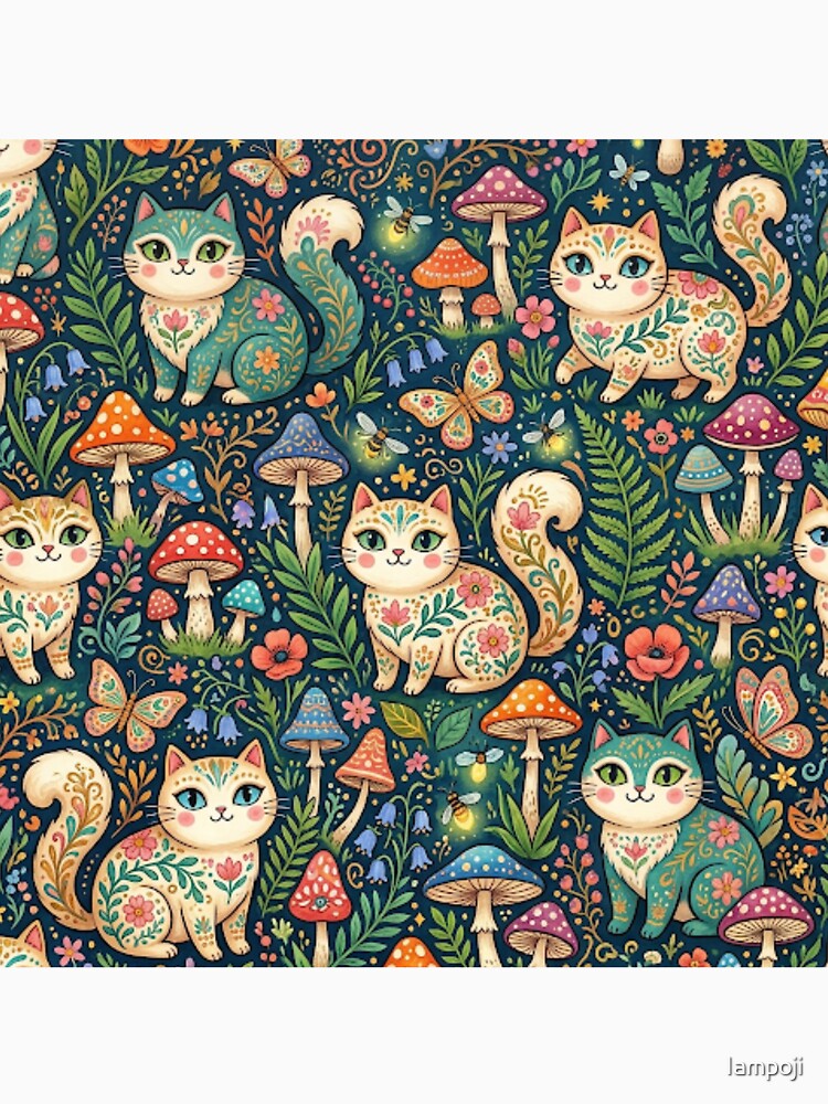 Magical Cats in Mushroom Forest Pattern by Iampoji