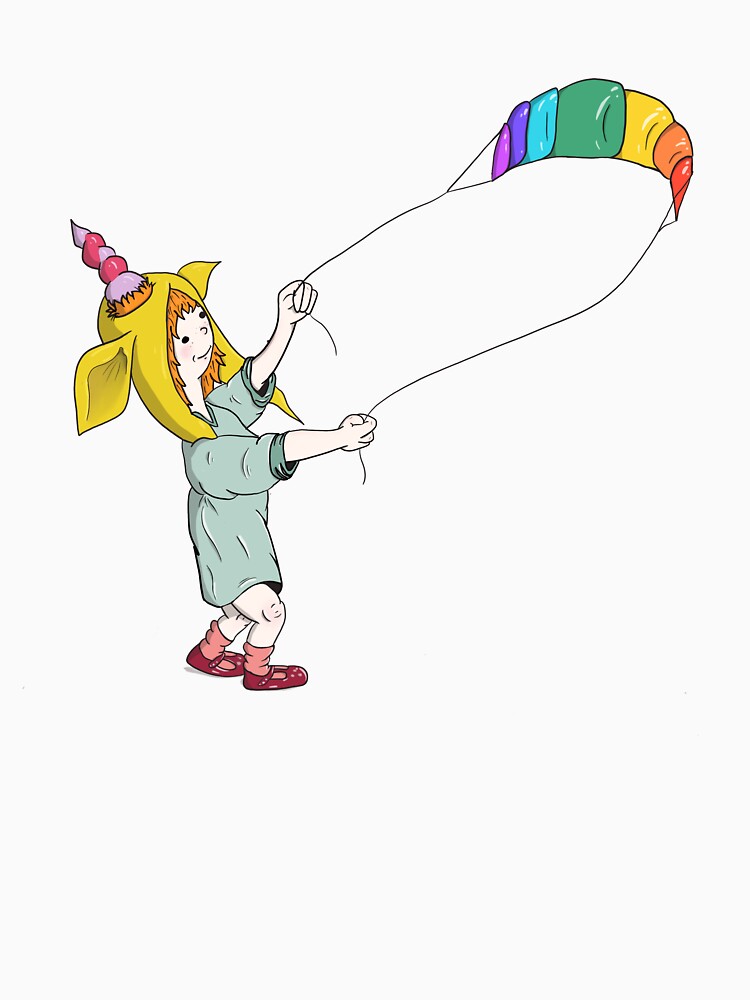 Unicorn girl flying rainbow kite - whimsical pixie by Joey Judd