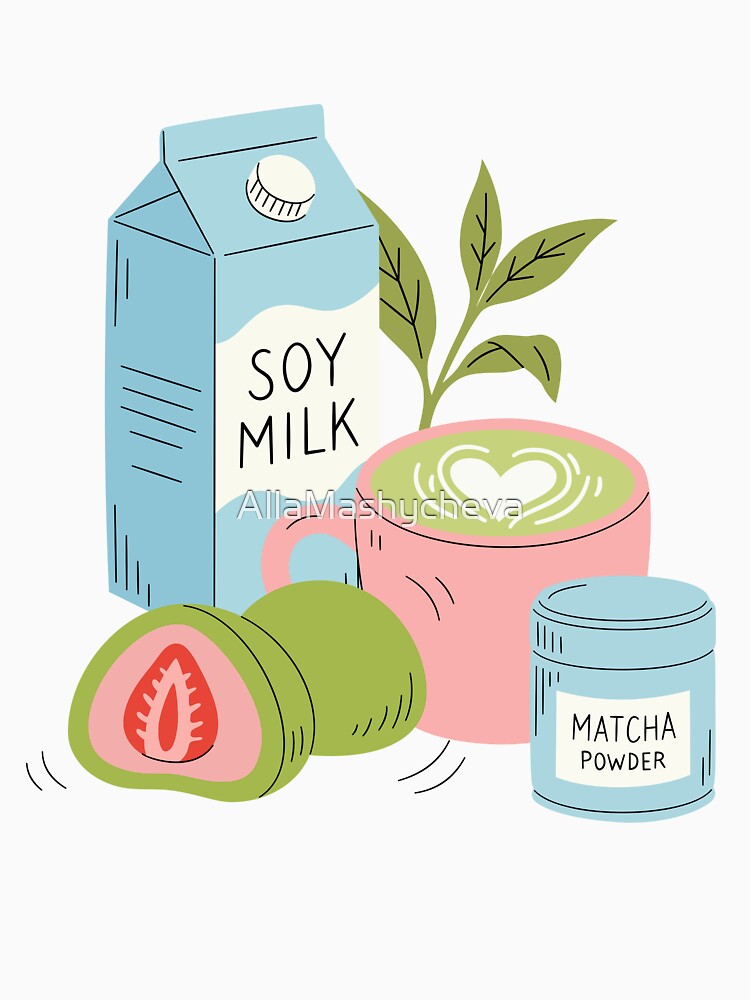 Cute Matcha Teatime Aesthetic - Soy Milk & Strawberry Mochi by AllaMashycheva