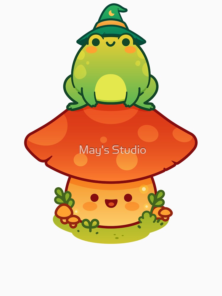 Kawaii Wizard Little Green Frog on Top of a Mushroom by May's Studio