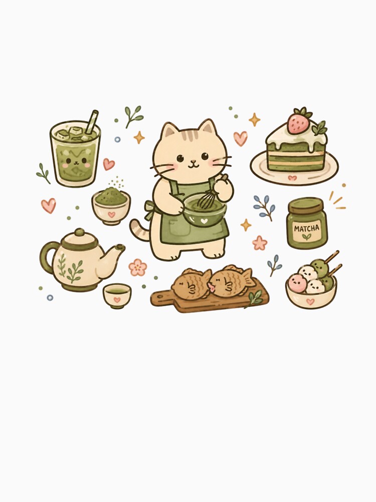 Cute Matcha Cat Cafe Sticker | Cozy Kawaii Matcha Dessert Aesthetic by TessHandmadeCreation