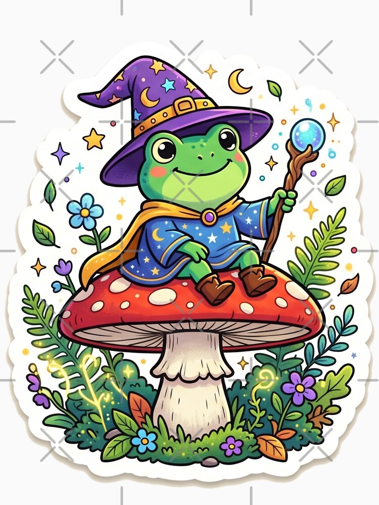 Frog Wizard Sitting on Mushroom – Kawaii Fantasy Magic Frog Sticker, Magical cute Frog Illustration by ArtsyExplorer