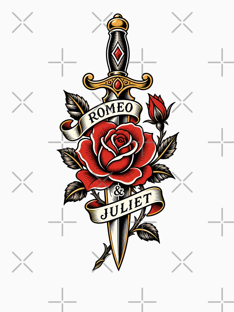 Romeo and Juliet Vintage Tattoo Flash Rose Dagger Art by Fenay Designs