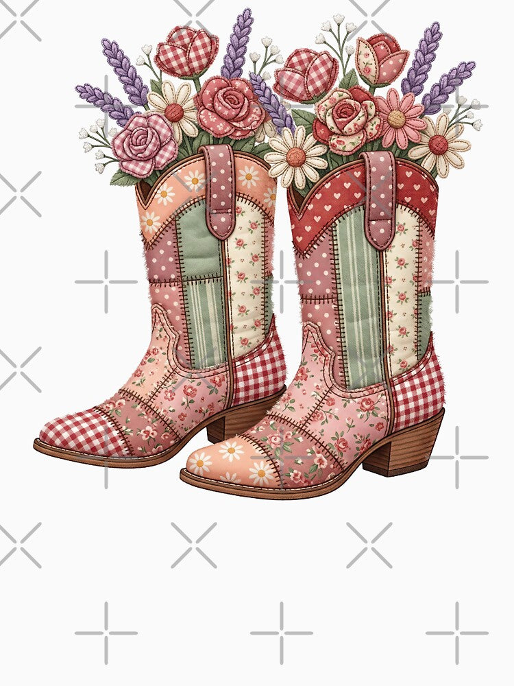 Patchwork Cowgirl Boots Quilted Western Floral Boho Art by BVDigitalArt