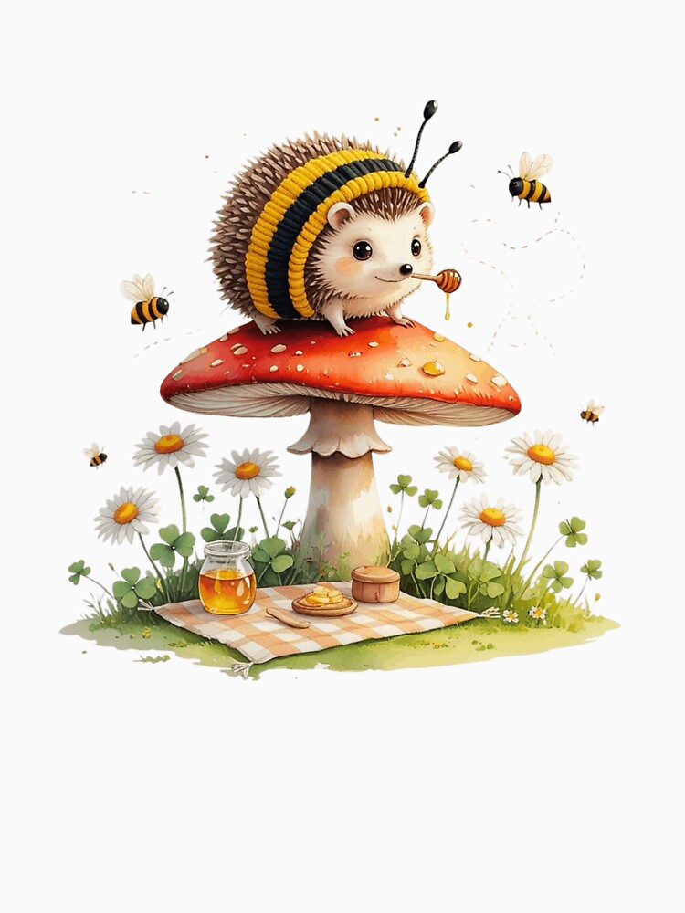 Cute Hedgehog in Bee Costume on Mushroom Watercolor by AQUILAKREO