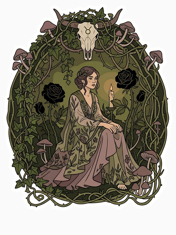 Taurus Whimsigoth Zodiac Art — Dark Botanical Earth Sign Astrology Design by DriftingDoodle