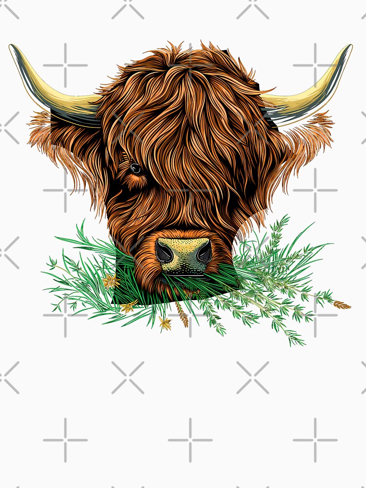 Scottish or irish fluffy  highland cattle cow animal grazing grass head illustration by NBSStore