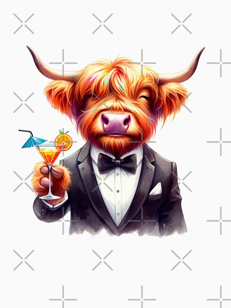 Scottish Highland Cow in Tuxedo Drinking a Cocktail Colorful Watercolor by MaedK