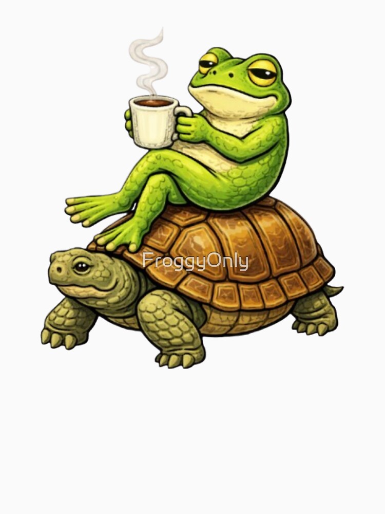 Relaxing frog on a turtle with coffee by FroggyOnly