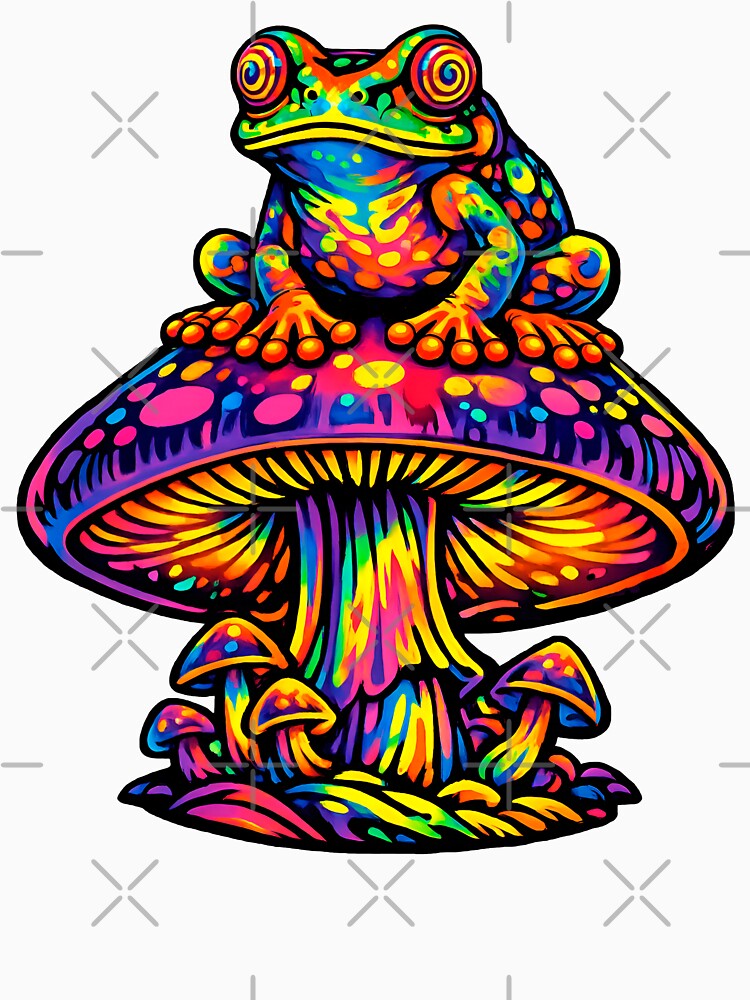 Rainbow Psychedelic Frog on Magic Mushroom – Trippy Neon Frog Illustration by RustedToad