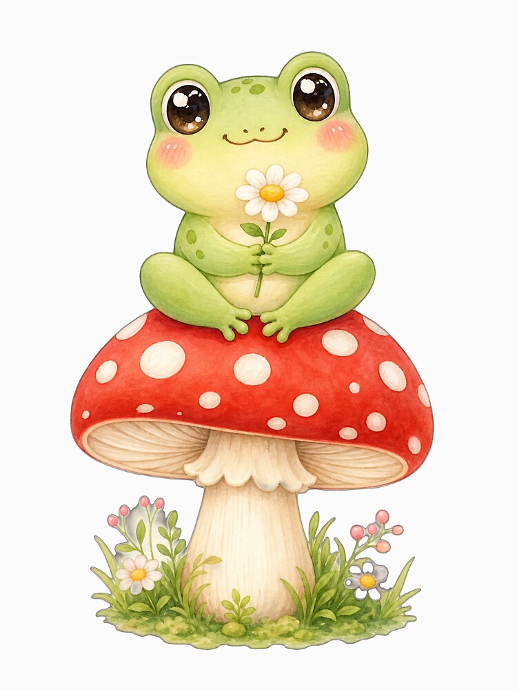 Cute frog on a fly agaric mushroom with flower by puredevn