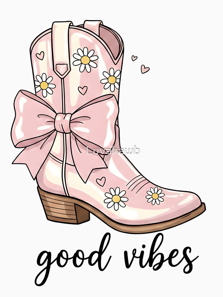 Pink Daisy Cowgirl Boot with Bow – Cute Western Coquette Aesthetic Art by Luvahawb