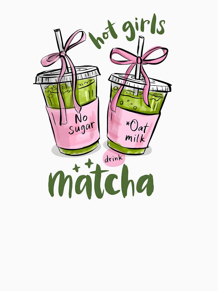 Hot Girls Drink Matcha – Cute Pink Bow Matcha Latte Illustration by Snifferius