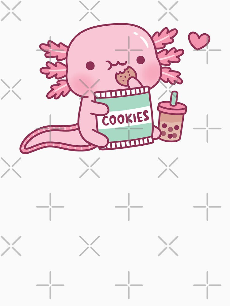 Cute Axolotl Snacks On Cookies And Bubble Tea by rustydoodle