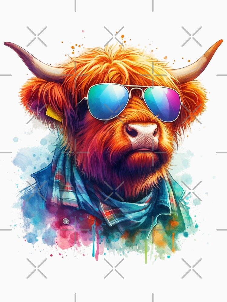 Cool Scottish Highland Cow in Shirt and Shades Colorful Watercolor by MaedK