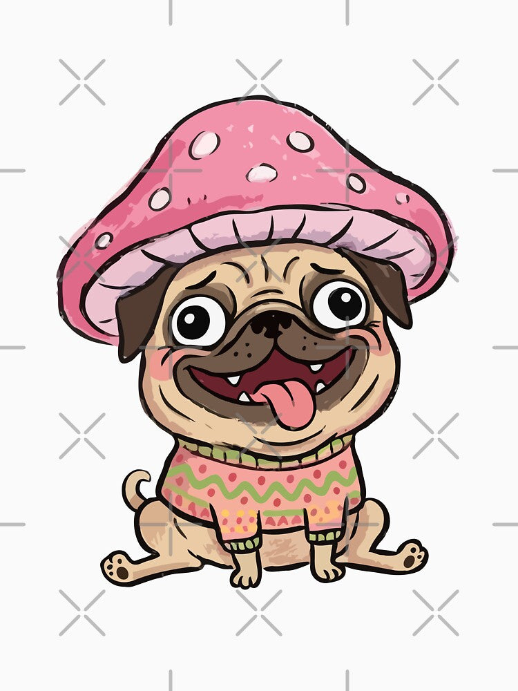 Pink Mushroom Hat Pug in Patterned Sweater by Emegan Print Art