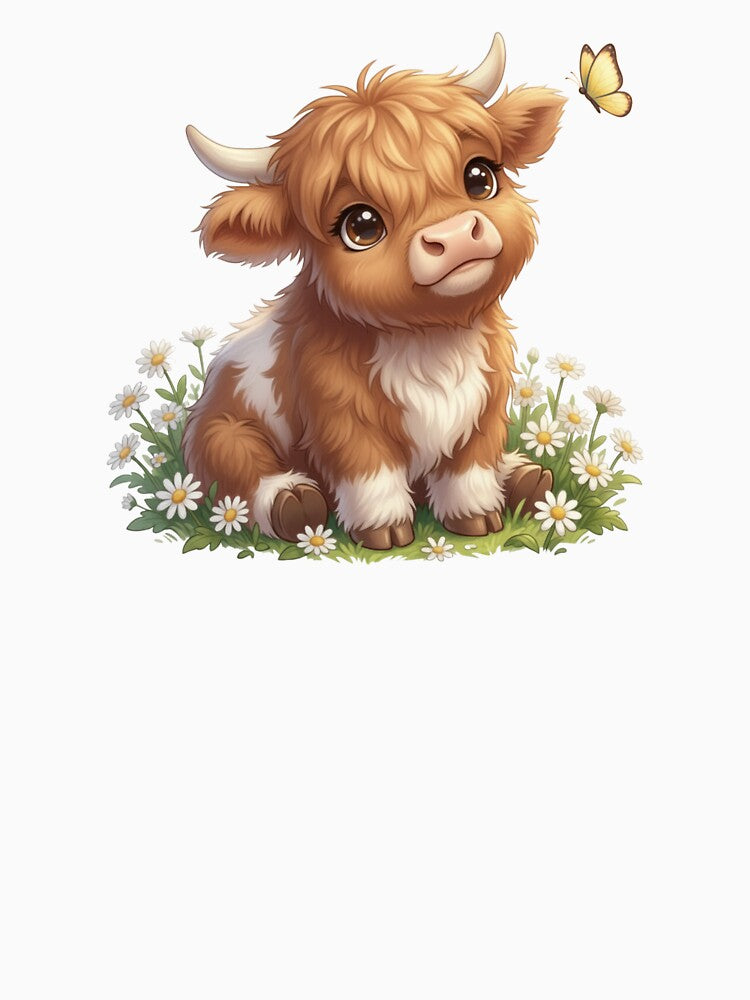 Moo In Bloom Fluffy Highland Calf Daisy Field by HumTumMe
