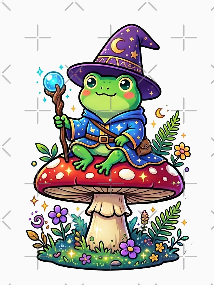 Frog Wizard cute Sitting on Mushroom – Kawaii Fantasy Magic Frog Sticker, Magical Frog Illustration by ArtsyExplorer