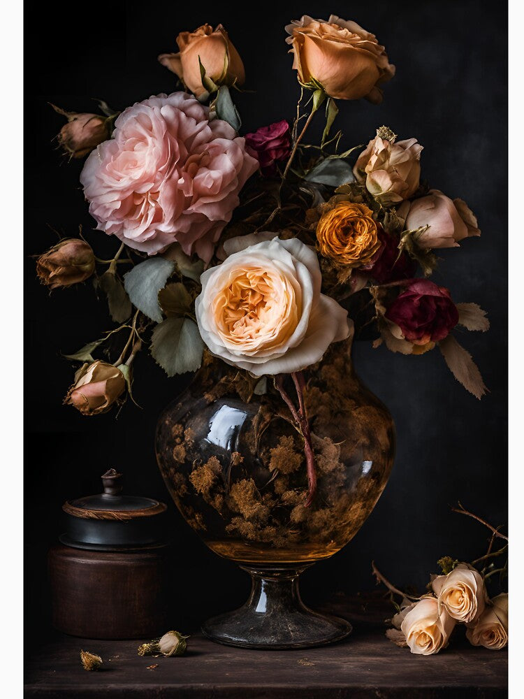 Dried Flowers in a jar pink and yellow roses - dark academia aesthetic impressionism still life paint retro vintage oil painting by Fantasy Cache