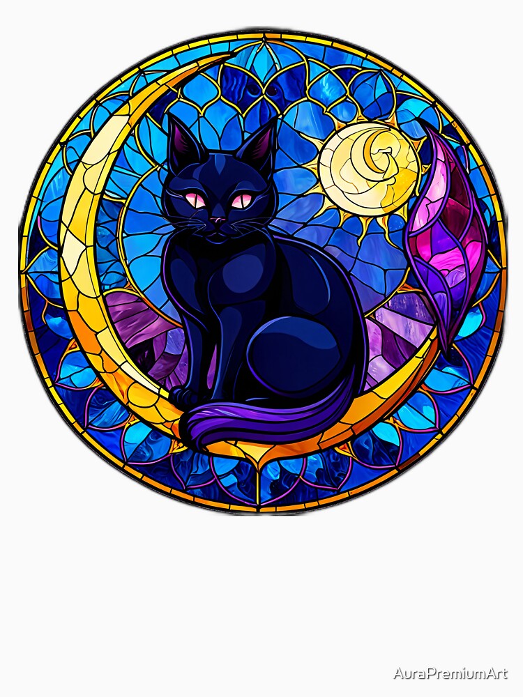 Whimsigoth Stained Glass Black Cat Crescent Moon by AuraPremiumArt