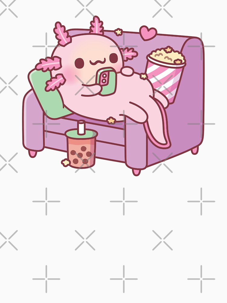 Cute Axolotl Chilling With Handphone Bubble Tea And Popcorn by rustydoodle