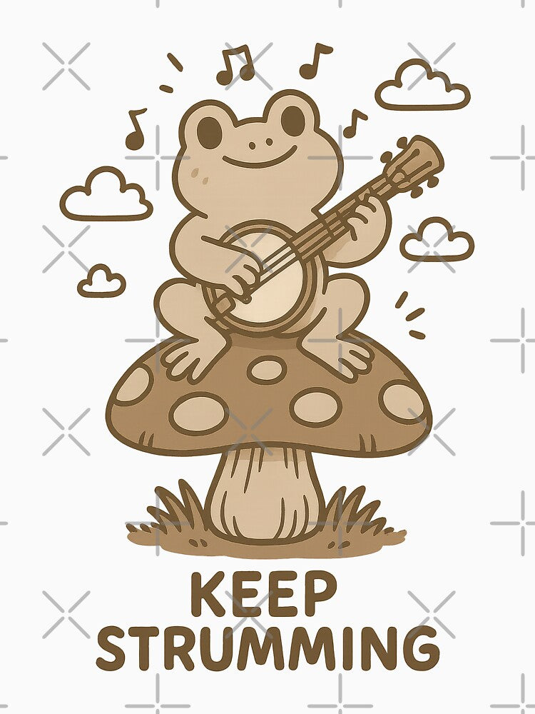 Keep Strumming – Cute Frog Playing Banjo on Mushroom Illustration by inkoutninja