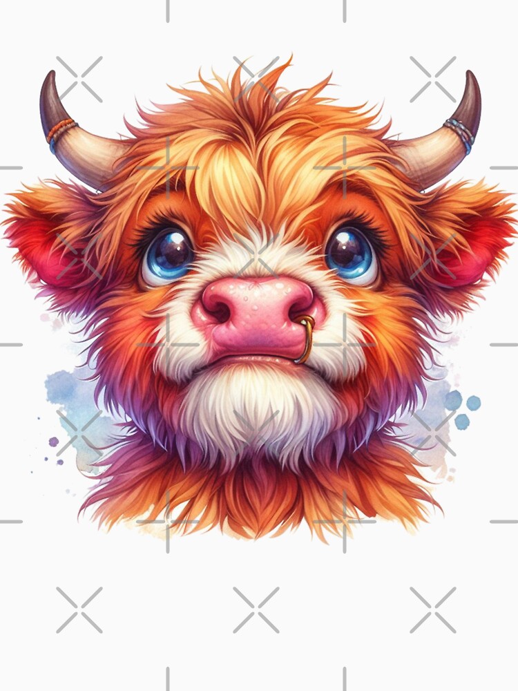 Cute Scottish Baby Highland Cow Calf Colorful Watercolor by MaedK
