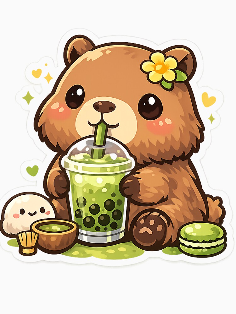 Cute Capybara Matcha Boba Sticker - Cozy Kawaii Animal Art by FluffiPopo
