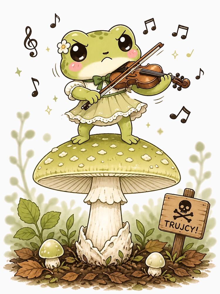 Kawaii Frog Violinist on a Mushroom - Cute Whimsical Forest Art by MarekoraStudio