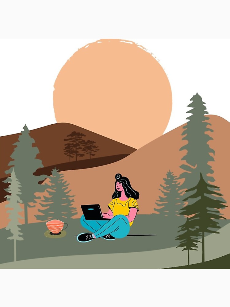 Digital Nomad Working Outdoors Sunset Landscape Illustration by Abaseen
