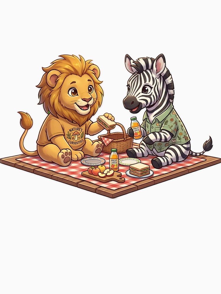 Cute Lion and Zebra Picnic Friends - Kawaii Wildlife Illustration by WalterAdd