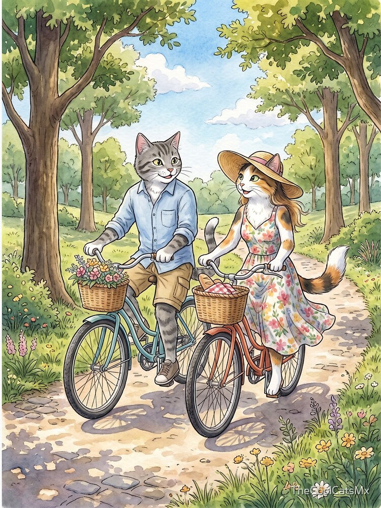Romantic Cat Couple on a Bicycle in Watercolor Park by TheCoolCatsMx